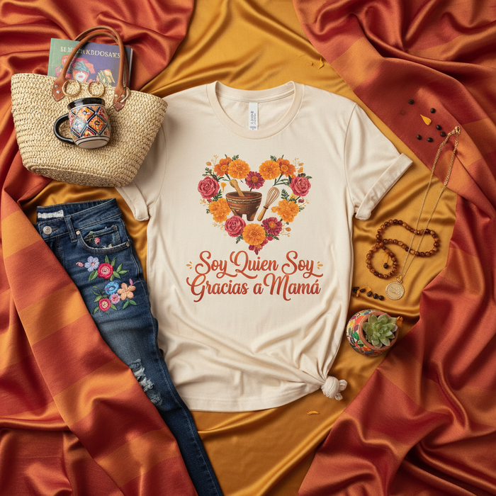 Soy Quien Soy Gracias a Mamá Camiseta - Diseño Floral Corazón con Molcajete y Batidor - Regalo Día de las Madres - Camiseta Frase Española