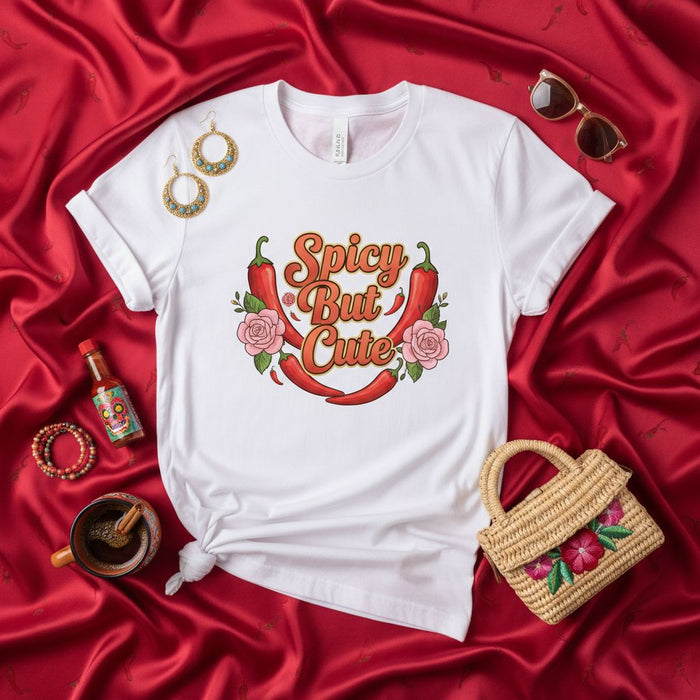 Spicy But Cute T-Shirt with Red Chili Peppers and Pink Roses, Fun Foodie Shirt, Cute Graphic Tee for Women, Unisex Hot Sauce Lover Gift Top