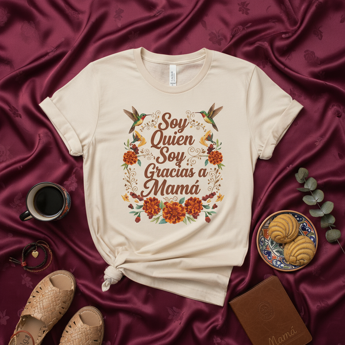 Soy Quien Soy Gracias a Mamá T-Shirt - Floral Hummingbird Design Mother's Day Gift - Spanish Shirt for Mom or Latina Mama - Regalo para el Día de la Madre y Madres Latinas