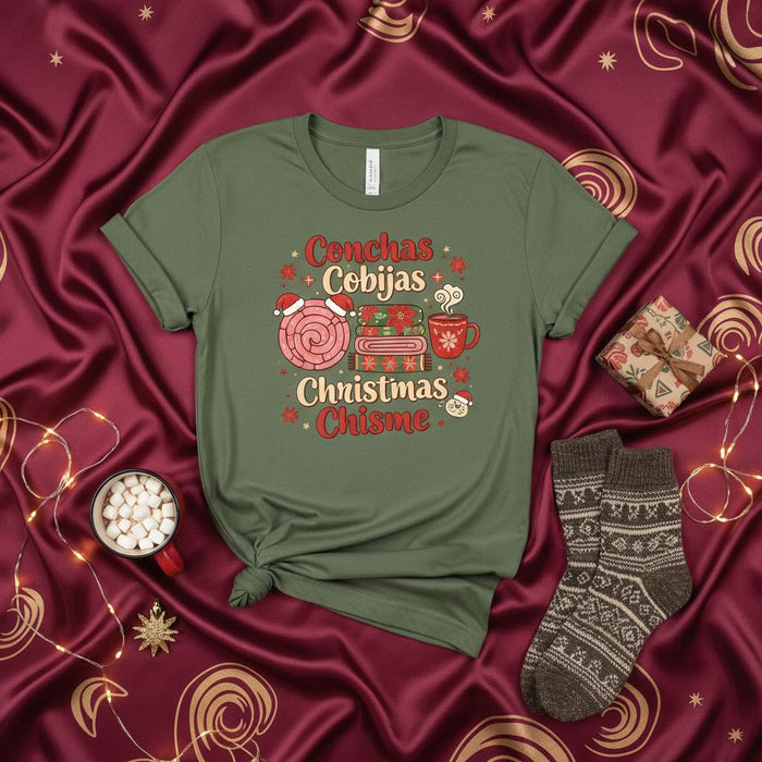 Conchas Cobijas Christmas Chisme Shirt, Funny Latina Christmas PJs, Pan Dulce Concha Blanket Hot Cocoa Chismosa Holiday Unisex T-Shirt Gift