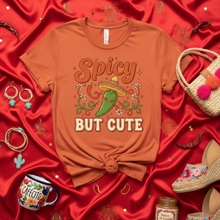 Spicy But Cute T-Shirt with Cartoon Jalapeño in Sombrero, Floral Design, Funny Pepper Pun Fiesta Tee, Unisex Graphic Shirt, Mexican Culture Inspired Gift Idea