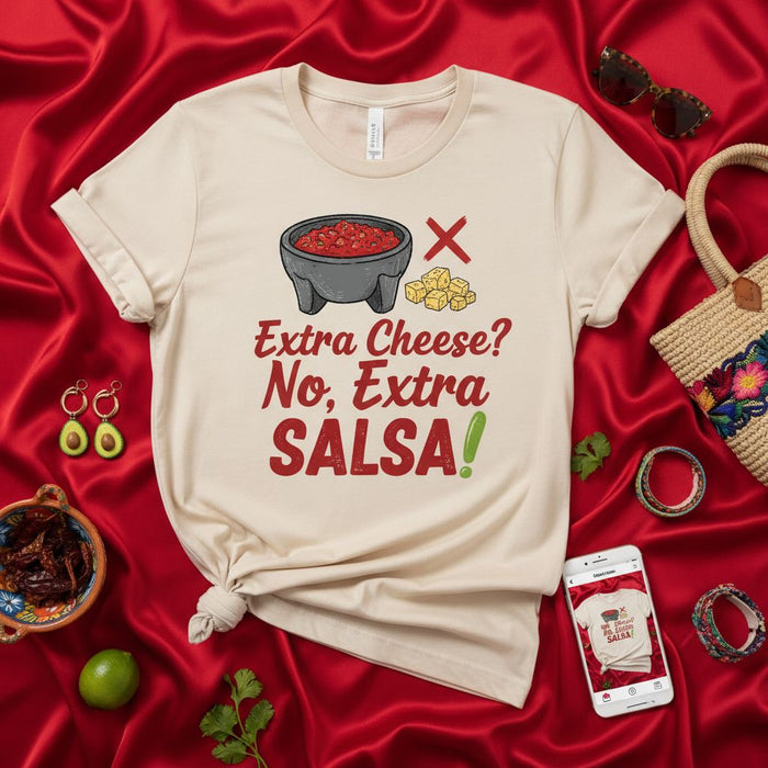 Camiseta Divertida Comida Mexicana ¿Extra Queso? ¡No, Extra Salsa!, Diseño Molcajete, Humor Fiesta, Regalo Fan Taco Tuesday, Ropa Picante, Texto Rojo Verde