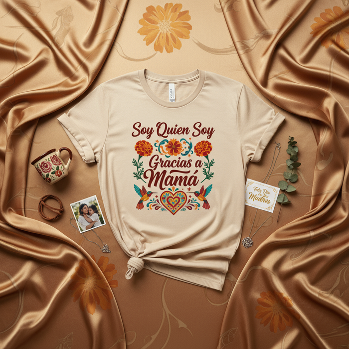 Maglietta "Soy Quien Soy Gracias a Mamá": Regalo Festa della Mamma, T-Shirt Spagnola, Grafica Colibrì Floreale, Abbigliamento Famiglia Latina, Maglia Unisex Color Sabbia, Top Apprezzamento Culturale Mamma