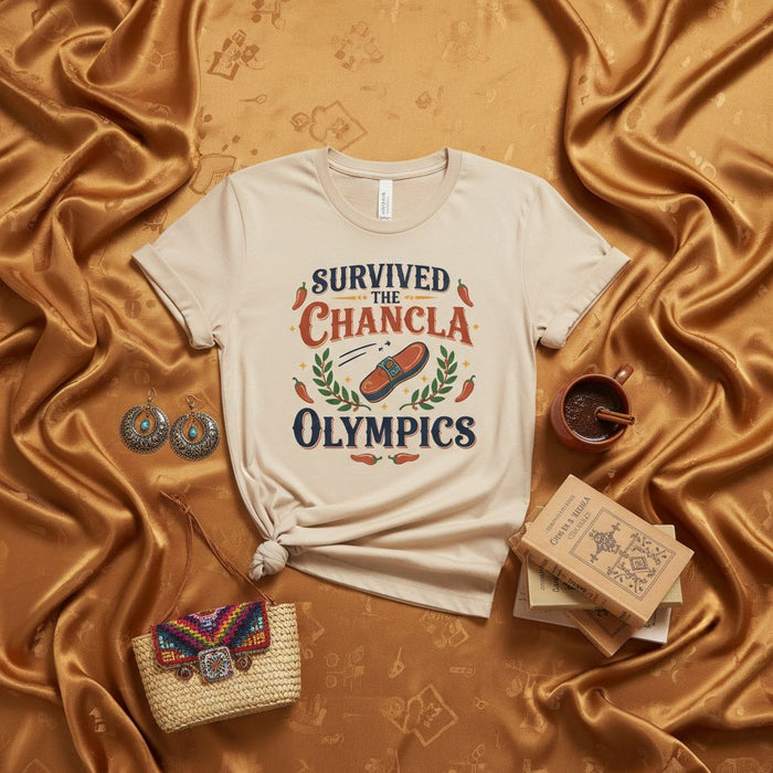 Survived The Chancla Olympics T-Shirt, Funny Hispanic Latino Culture Tee, Spanglish Mom Humor Family Gift, Latina Power Graphic Shirt, Throwback Meme Top