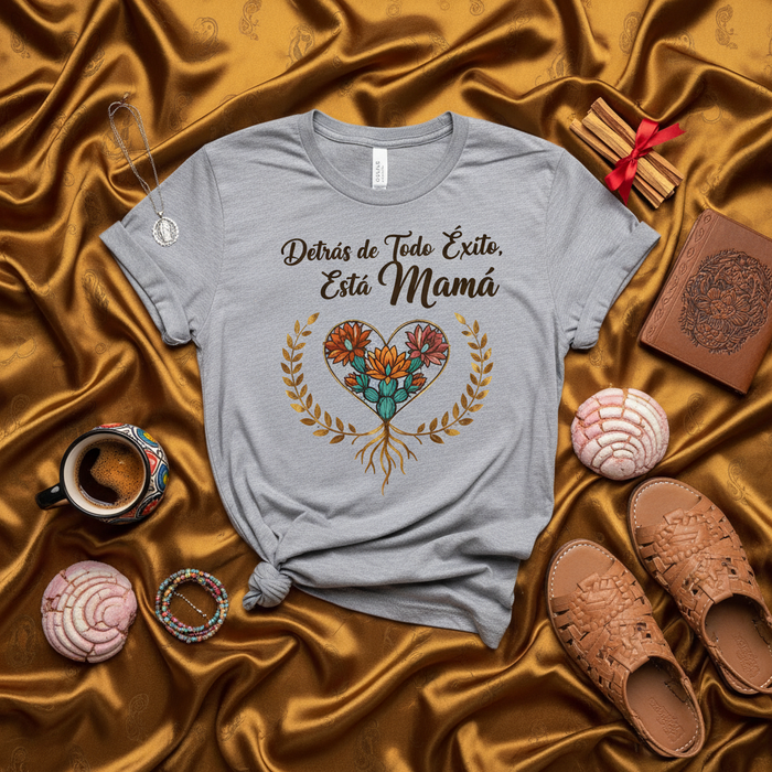 Detrás de Todo Éxito, Está Mamá Camiseta de Corazón de Flores y Nopal Regalo Día de las Madres T-Shirt Unisex Español.