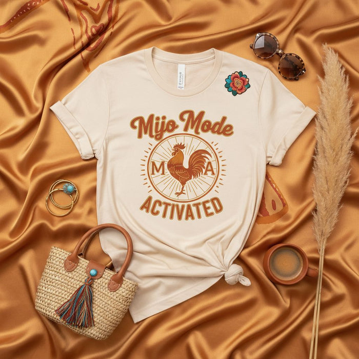Mijo Mode Activated Shirt, Funny Rooster Tee, Unisex Latinx Graphic T-Shirt, Spanish Slang Gift for Him, Hispanic Culture Apparel, Retro Sunburst Design