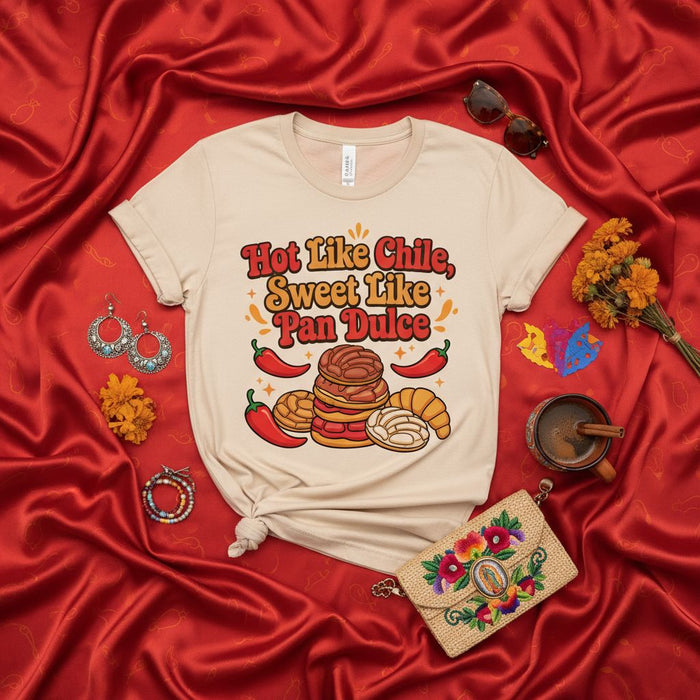 Hot Like Chile Sweet Like Pan Dulce Shirt, Cute Mexican Food Lovers T-Shirt, Concha Pan de Huevo Puerquito Bakery Sweet Bread Tee, Cinco de Mayo Fiesta Humor Gift, Unisex Aesthetic T-Shirt