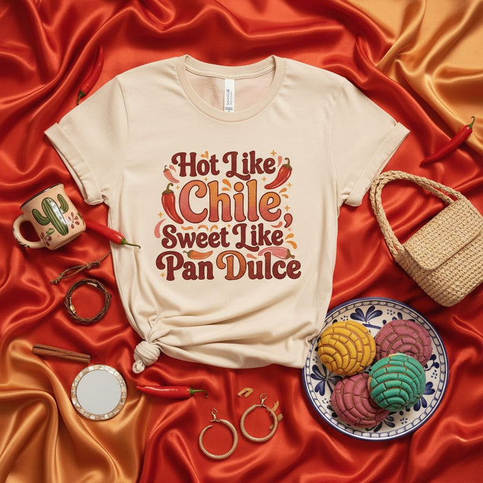 Maglietta "Hot Like Chile Sweet Like Pan Dulce", maglietta per amanti del cibo messicano, maglietta grafica Concha Bread, abbigliamento unisex Latine Pride piccante e dolce