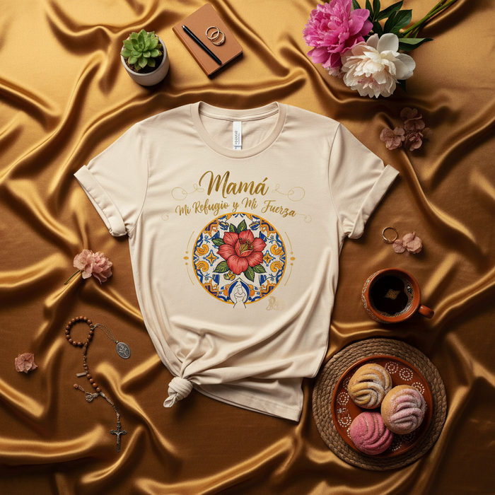 Mamá Mi Refugio y Mi Fuerza T-Shirt, Camiseta Unisex Floral Diseño Talavera, Regalo para Mamá Española, Flower of Jamaica Hibiscus Tee, Spanish Mother's Day Gift Idea