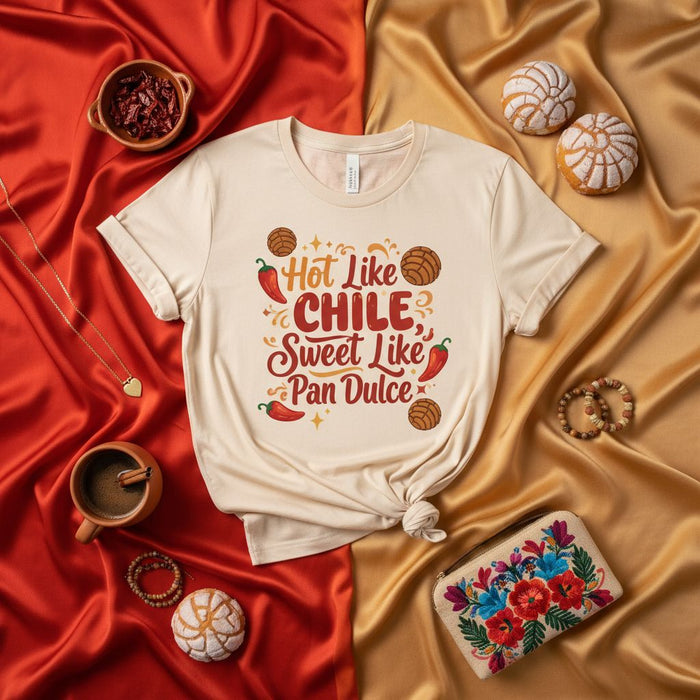 Heiß wie Chili Süß wie Pan Dulce T-Shirt, Mexikanisches Concha Shirt, Liebhaber von scharfem Essen, Süßbrothemd, Unisex Grafik Shirt, Latina Mode, Fiesta Oberteil, Geschenk der hispanischen Kultur, Chili Pfeffer Design