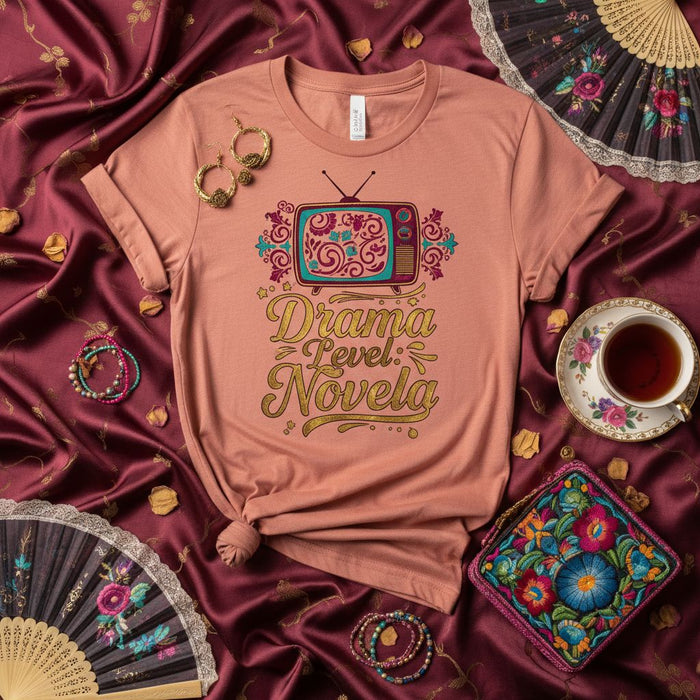 Drama Level Novela T-Shirt, Retro TV Graphic Tee, Funny Spanish Language Soap Opera Shirt, Latino Culture Gift, Unisex Peach Short Sleeve Top