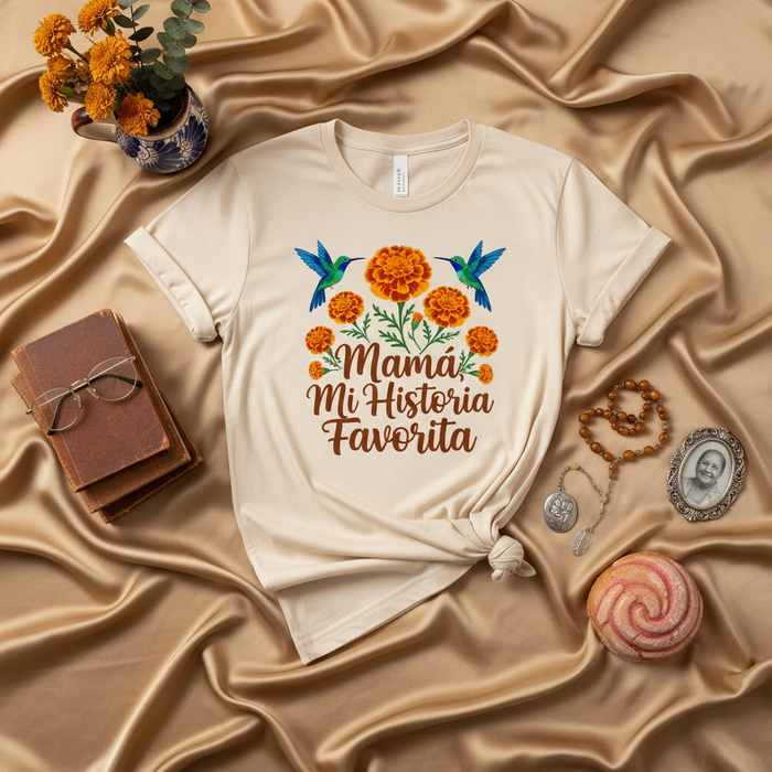 Mamá Mi Historia Favorita Shirt, Spanish Mother's Day Gift, Marigold Flowers Hummingbird T-Shirt, Día De Muertos Mom Tee, Latina Mama Birthday Present, Short-Sleeve Unisex T-Shirt