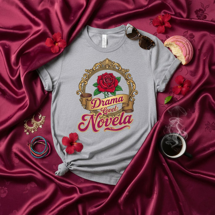 Drama Level Novela T-Shirt, Funny Spanish Soap Opera Tee, Red Rose Gold Frame Graphic Shirt, Unisex Latine Culture Gift