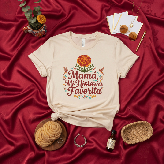 Mamá Mi Historia Favorita T-Shirt, Mother's Day Gift for Mom, Floral Mexican Inspired Graphic Tee, Spanish Quote Shirt for Latina Mama, Dia de las Madres T-Shirt