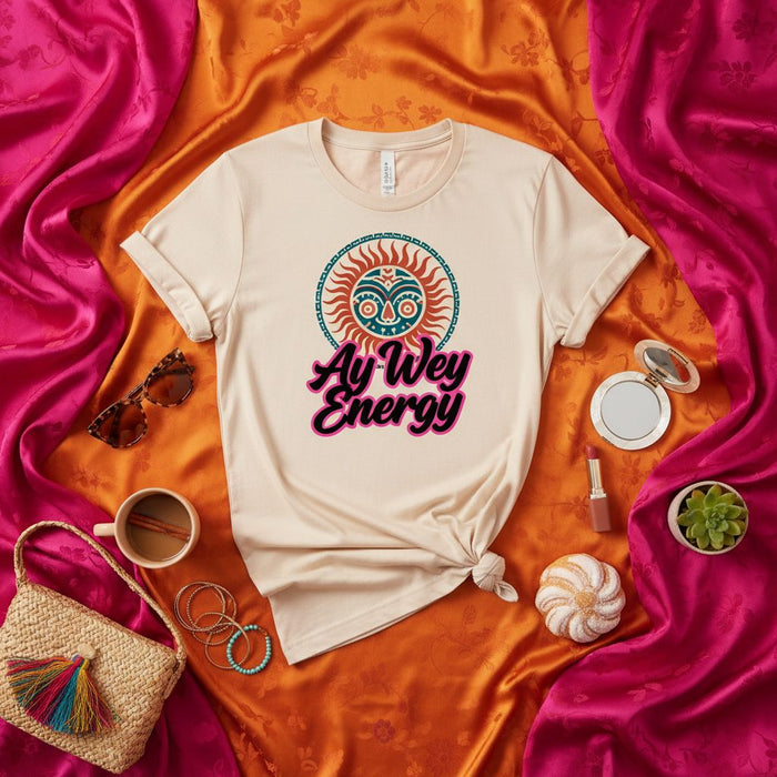 Ay Wey Energy T-Shirt, Mexican Sun Graphic Tee, Retro Aztec Style Unisex Shirt, Latina Power Fiesta Gift, Cultural Pride Apparel, Cute Sun Face Print