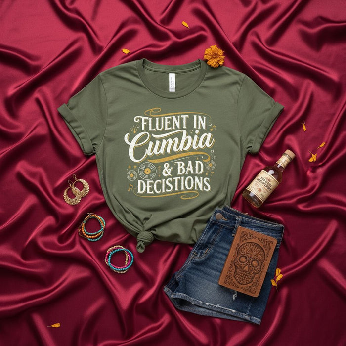 Fluent in Cumbia & Bad Decisions T-Shirt, Funny Cumbia Music Lover Shirt, Latin Dance Party Tee, Unisex Gift for Cumbiamberos, Short-Sleeve Graphic Top with Records & Notes