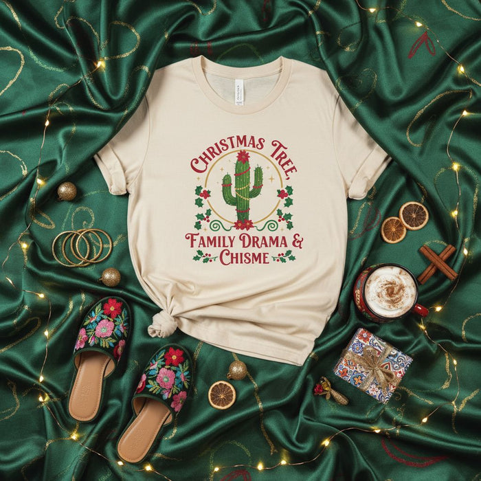 Christmas Tree Family Drama & Chisme Cactus T-Shirt, Funny Holiday Shirt, Spanglish Christmas Tee, Mexican Fiesta Apparel, Latina Gift Idea