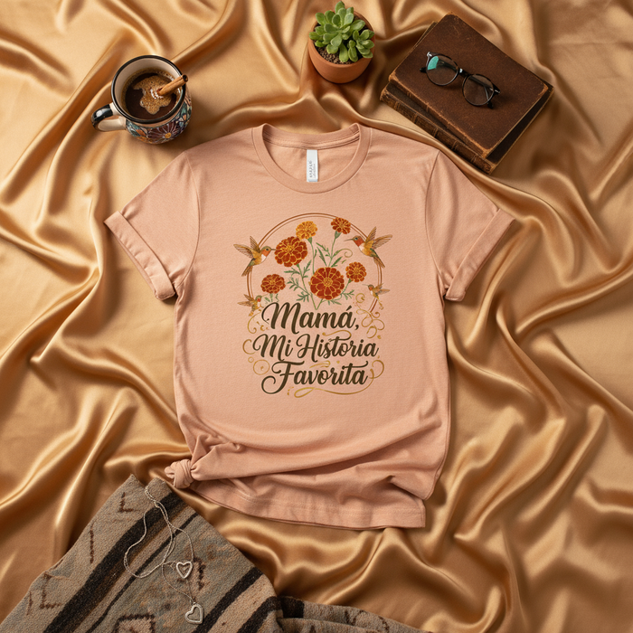 Mamá Mi Historia Favorita Hummingbird Marigold Flowers Shirt, Mother's Day Spanish T-Shirt Gift, Latina Mom Tee, Floral Graphic T-Shirt, Gift for Hispanic Mothers and Grandmothers