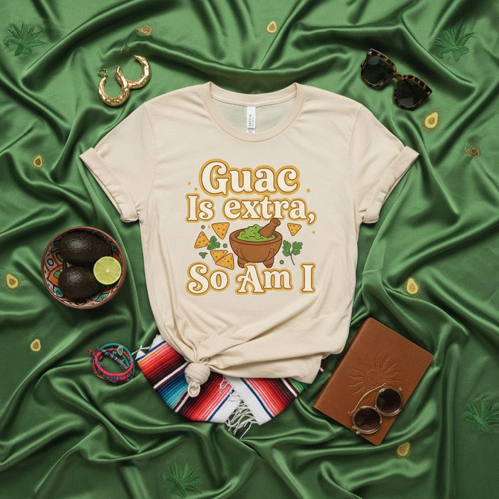 Guac Ist Extra, Ich Bin Es Auch T-Shirt: Lustiges Avocado Guacamole Liebhaber T-Shirt, Nacho Chip Grafik Oberteil, Mexikanisches Essen Humorvolles Shirt, Unisex Cinco de Mayo Geschenkidee