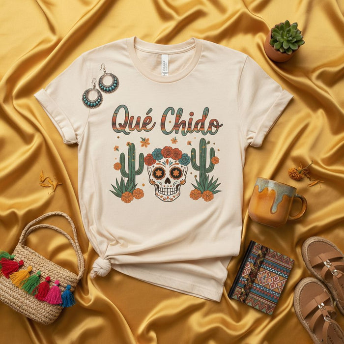 Qué Chido Sugar Skull Shirt Day of the Dead Fiesta Tee Mexican Fiesta Cactus Graphic Unisex T-Shirt