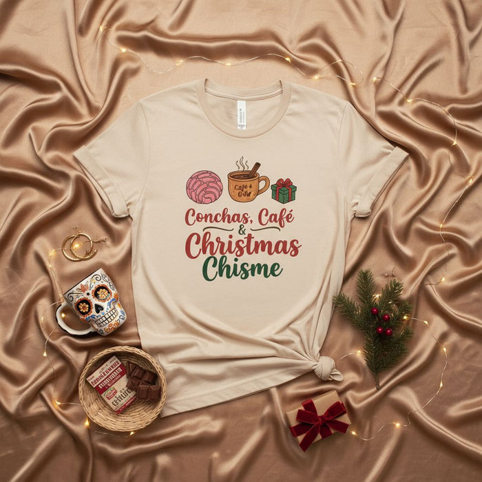 Conchas, Café & Christmas Chisme T-Shirt, Funny Mexican Christmas Shirt, Pan Dulce Hot Chocolate Gift, Latina Holiday Tee, Cozy Concha Shirt, Unisex Family Christmas Party Outfit