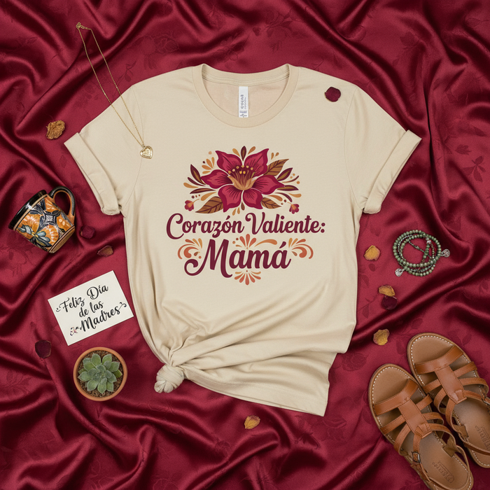 Corazón Valiente Mamá T-Shirt, Camiseta Regalo Día de las Madres, Spanish Mom Gift, Floral Mother's Day Tee, Feliz Día de las Madres Shirt, Latina Mama Outfit, Tan Unisex Graphic Shirt