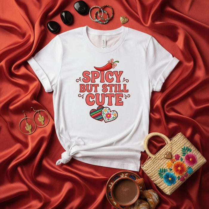 Spicy But Still Cute T-Shirt, Mexican Chile Pepper Design, Latina Graphic Tee, Cute Hearts Floral Fiesta Top, Gift for Her, Unisex Adult Shirt