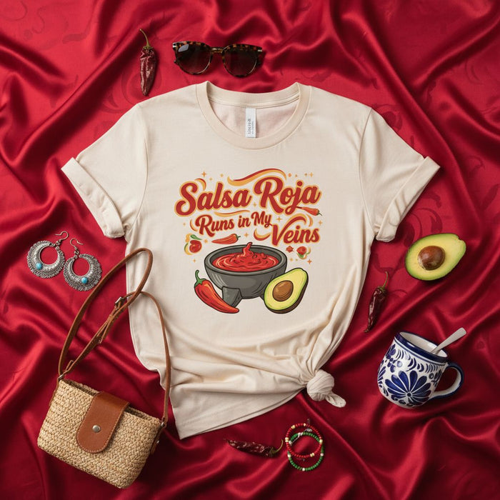 Salsa Roja Runs in My Veins T-Shirt Mexican Food Lover Gift Tee Cinco de Mayo Fiesta Humor Top for Salsa Fans Avocado Chili Peppers Design