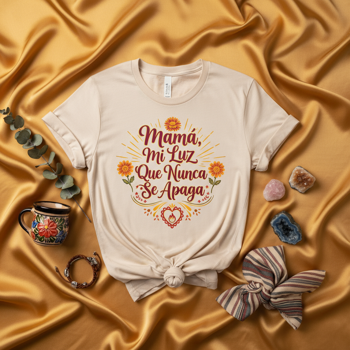 Mamá Mi Luz Que Nunca Se Apaga Shirt, Mothers Day Gift Tee, Spanish Quote Mom T-Shirt, Floral Sun Design, Latina Mama Birthday Present, Unisex Softstyle Jersey Top