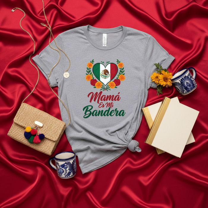 Mamá Es Mi Bandera Camiseta Bandera Mexicana Corazón Flores Cempasúchil Regalo Cinco de Mayo Día de las Madres para Mamá Orgullo de México Camisa para Mujer Hombre Unisex
