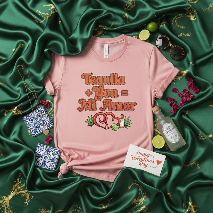 Tequila + You = Mi Amor Shirt, Funny Valentine's Day T-Shirt, Couple's Matching Tee, Mexican Love Quote Gift, Retro Groovy Style, Unisex Soft-Style T-Shirt