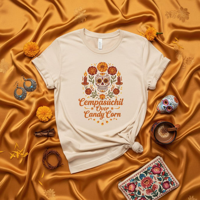 Cempasúchil Over Candy Corn Day of the Dead Shirt, Sugar Skull Marigold T-Shirt, Día de Muertos Ofrenda Flowers Tee, Unisex Fall Holiday Top