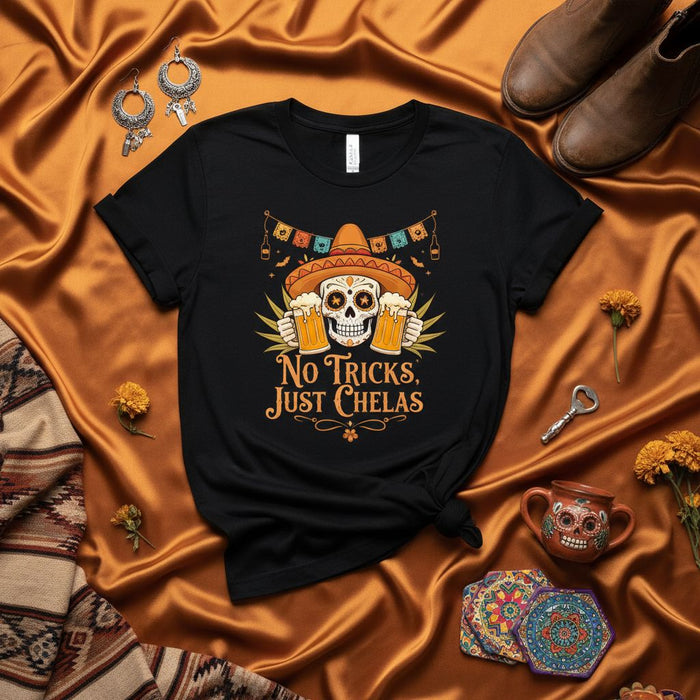 No Tricks Just Chelas Day of the Dead Sugar Skull T-Shirt with Beer Mugs, Cinco de Mayo Mexican Fiesta Unisex Tee, Funny Halloween Party Shirt, Dia de Muertos Gift Idea