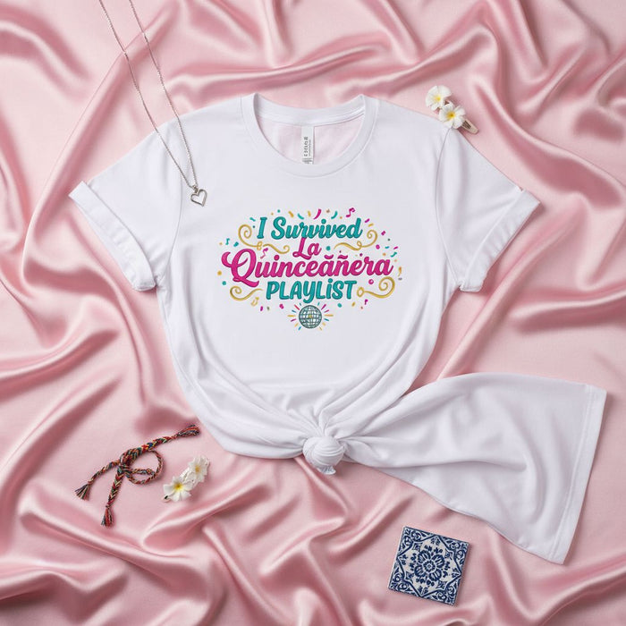 Sono Sopravvissuto Alla Quinceañera Playlist T-Shirt, Maglietta Festa Quinceañera, Maglietta Latina Compleanno, Regalo Divertente Ospite Quince, Top Celebrazione Mis Quince Fiesta, Maglietta Maniche Corte Unisex Adulto