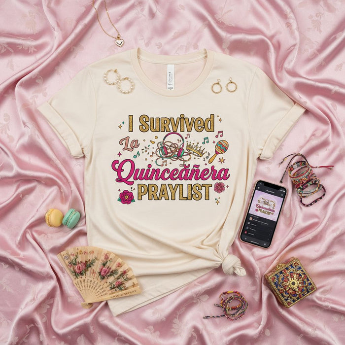 Maglietta I Survived La Quinceañera Playlist, Divertente Maglietta Quince Party Survivor, Regalo Corte Quinceañera, Maglietta Mis Quince Años, Top Festa di Compleanno, Grafica Umoristica Fiesta Spagnola.