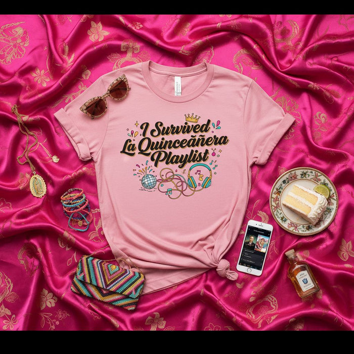 Sono Sopravvissuto Alla Quinceañera Maglietta Playlist, Maglietta Festa Quinceanera, Regalo Mis Quince Fiesta, Maglietta Ospite Quince Divertente, Top Musica Quince Anos, Souvenir 15° Compleanno per Familiari e Amici