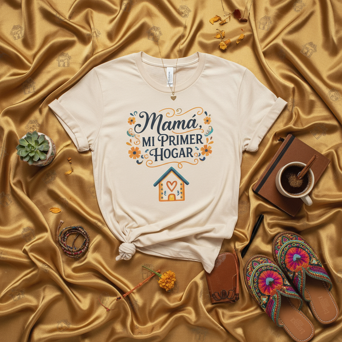 Mamá Mi Primer Hogar T-Shirt, Mother's Day Gift, Spanish Mama Tee, Floral Heart House Graphic Shirt, Cute Latin Motherhood Top, Gift for Mom from Child, Beige Unisex Short Sleeve Shirt