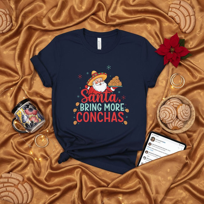 Santa, Bring More Conchas Funny Mexican Christmas T-Shirt, Unisex Holiday Tee with Sombrero Santa and Pan Dulce Graphic, Latino Xmas Gift Idea