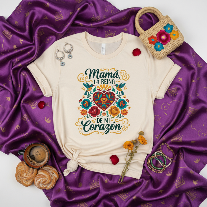 Mamá La Reina De Mi Corazón T-Shirt, Mother's Day Gift, Floral Mexican Folk Art Style, Hispanic Mom Tee, Spanish Language Love Shirt, Día de las Madres, Women's Queen of My Heart Graphic Top
