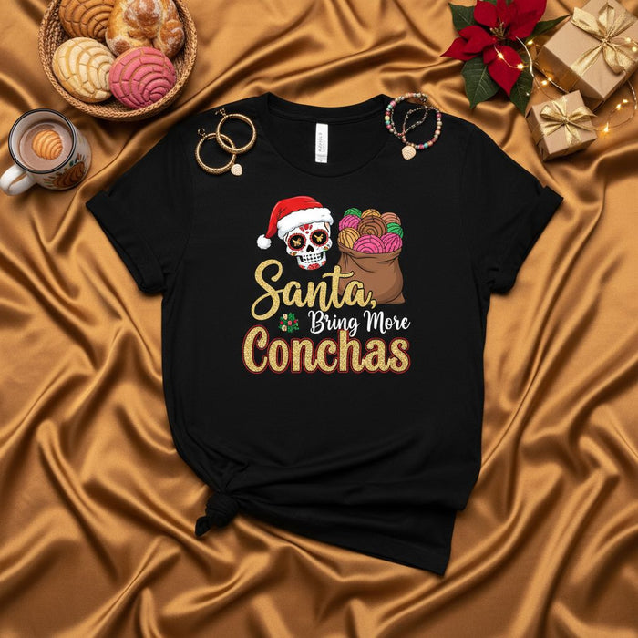 Santa Bring More Conchas Christmas T-Shirt, Funny Sugar Skull Santa, Mexican Pan Dulce Tee, Day of the Dead Holiday Shirt, Unisex Xmas Gift for Bakers & Concha Lovers