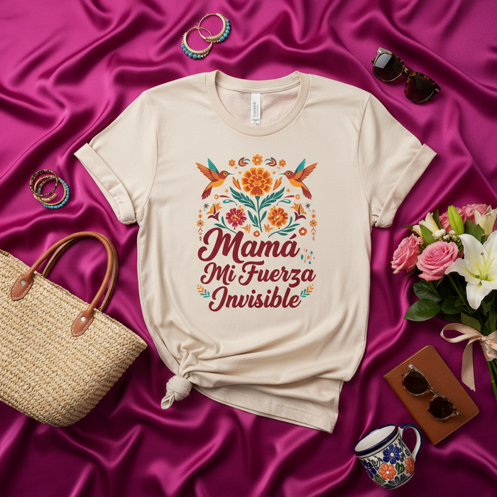 Maglietta Mamá Mi Fuerza Invisible, Design Floreale Messicano, Regalo Festa della Mamma, T-shirt in Spagnolo, Abbigliamento Ispiratore Mamma Latina, Top Stile Arte Popolare Colibrì