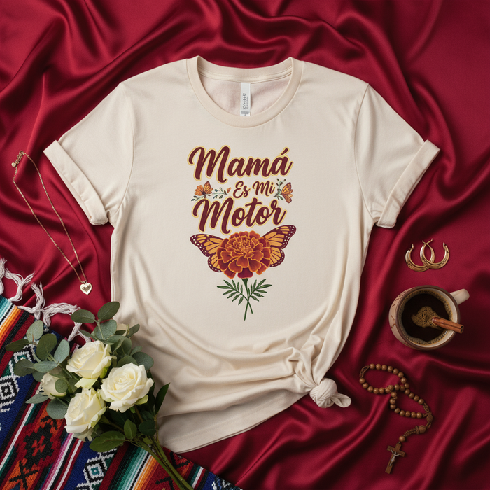 Camiseta "Mamá Es Mi Motor", Regalo Día de las Madres, Estampado Mariposa Monarca Cempasúchil, Camiseta Unisex con Frase en Español, Top para Ella