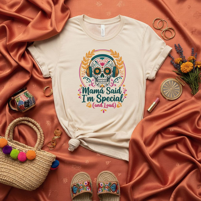 Mama Said I'm Special (and Loud) Sugar Skull with Headphones T-Shirt, Día de Muertos Inspired Tee, Vibrant Calavera Design, Unisex Graphic Top for Music Lovers and Day of the Dead Fans