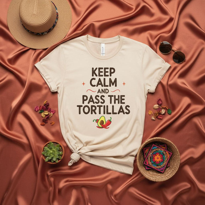 Ruhe bewahren und Tortillas reichen Lustiges Foodie T-Shirt, Geschenkidee für Liebhaber mexikanischer Küche, Taco Tuesday Shirt, Unisex Grafik Neuheit Avocado Chili Oberteil
