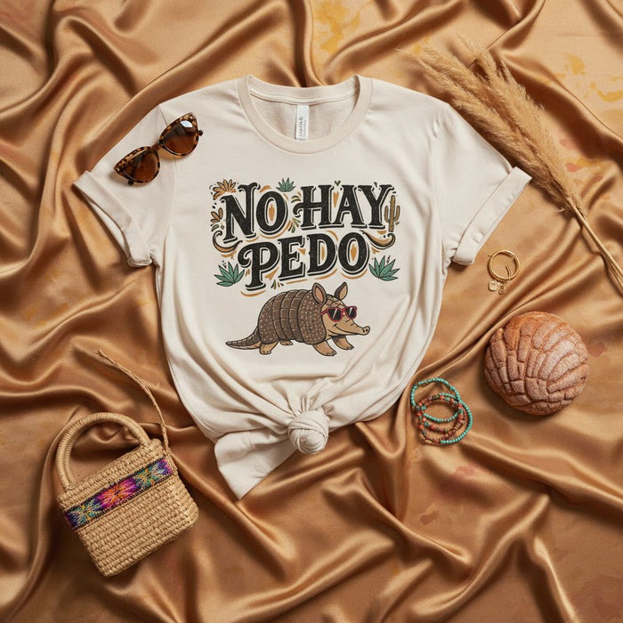 No Hay Pedo Armadillo T-Shirt Funny Mexican Slang Unisex Tee Hispanic Culture Shirt with Sunglasses and Cactus Design