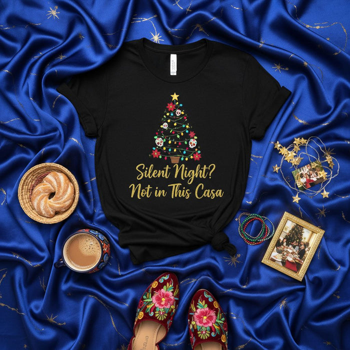 Silent Night? Not in This Casa Funny Christmas Shirt, Dia de Muertos Sugar Skull Holiday Party T-Shirt, Family Navidad Gift Tee for Men and Women