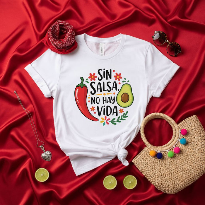 Sin Salsa No Hay Vida T-Shirt, Spicy Chili Pepper and Avocado Graphic Tee, Funny Spanish Food Lover Shirt, Fiesta Cinco de Mayo Unisex Apparel