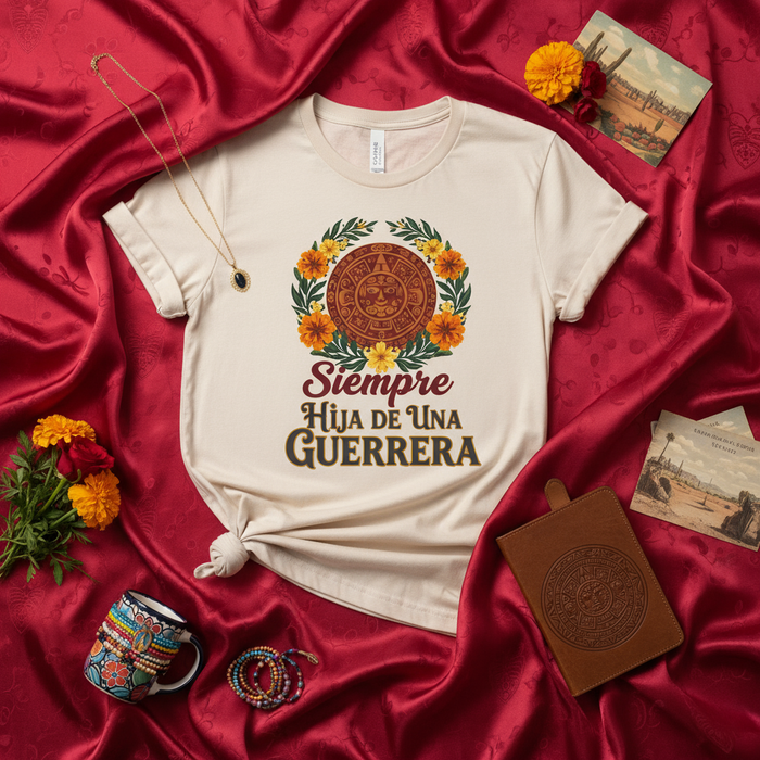 Siempre Hija de una Guerrera T-Shirt, Aztec Calendar Sun Stone Design, Marigold Flower Wreath, Unisex Hispanic Heritage Shirt, Mexican Culture Tee, Strong Woman Daughter Gift, Beige Cream Shirt