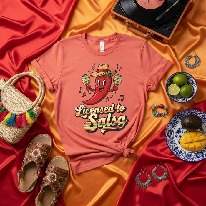 Licensed to Salsa Shirt, Funny Chili Pepper Maraca T-Shirt, Fiesta Dance Pun Tee, Unisex Graphic T-Shirt, Mexican Food Lover Gift, Retro Music Festival Apparel