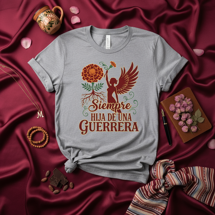 Siempre Hija de una Guerrera T-Shirt, Día de Muertos Marigold Flower Graphic Tee, Strong Latina Woman Heritage Shirt, Mexican Culture Inspired Gift, Unisex Fit.
